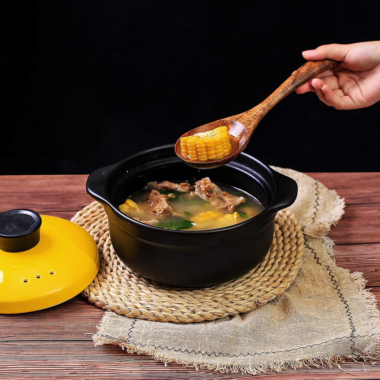 Wooden Non-Stick Kitchen Pan Toolset 7 Pieces Set,100% Natural Teak Kitchen Utensils Spatula, Wooden Cooking Utensils Spoons, Fried Spatula and Salad Fork YYLTJR