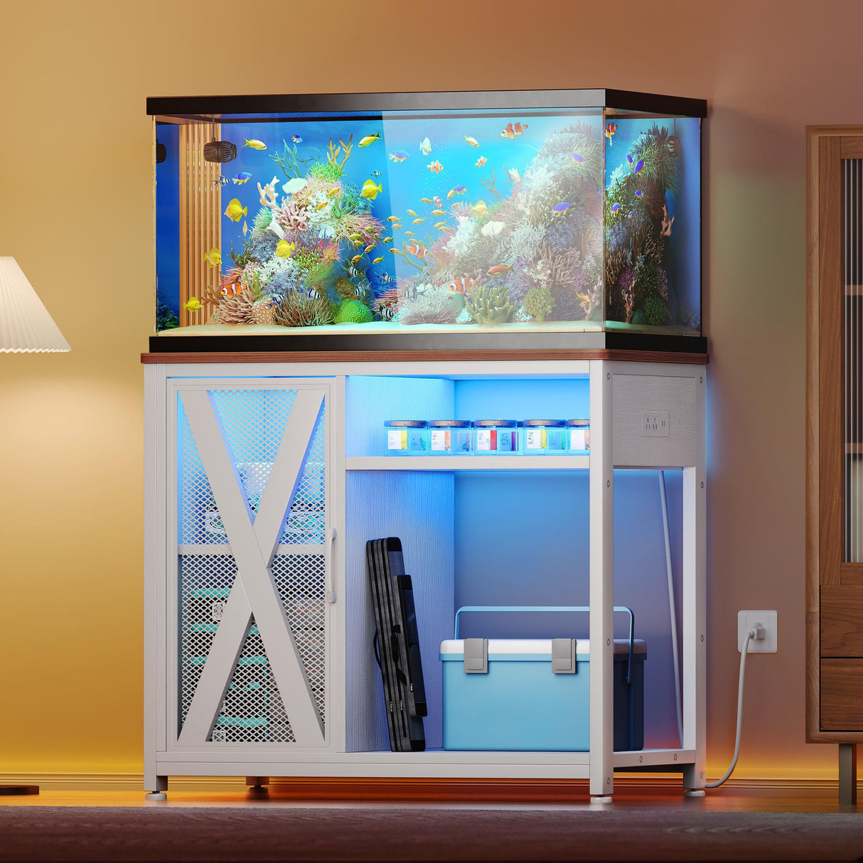 YITAHOME Fish Tank Stand with Power Outlets & LED Light, 40-50 Gallon Metal Aquarium Stand with Cabinet for Fish Tank Accessories Storage for Turtle Tank, Reptile Terrarium, 660LBS Capacity, White YITAHOME