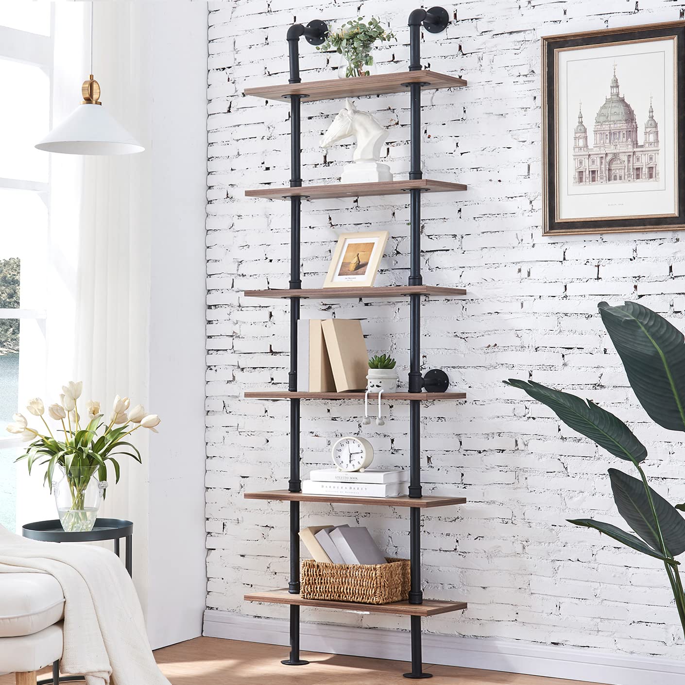 HOMBAZAAR Industrial 6-Tier Wall Mounted Bookshelf with Metal Frame in Oak Brown - WoodArtSupply