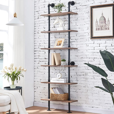 HOMBAZAAR Industrial 6-Tier Wall Mounted Bookshelf with Metal Frame in Oak Brown