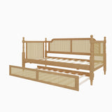 BEDGJH Traditional Style Twin Daybed with Twin Size Trundle, Rattan Wood Bed Frame for Limited Space, Guest Room, No Box Spring Needed (Antique Walnut, Twin/Trundle) BEDGJH