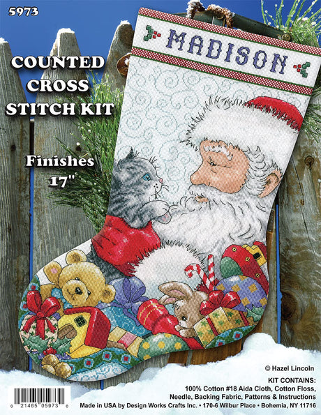 Santa with Kitten Counted Cross Stitch Stocking Kit Tobin