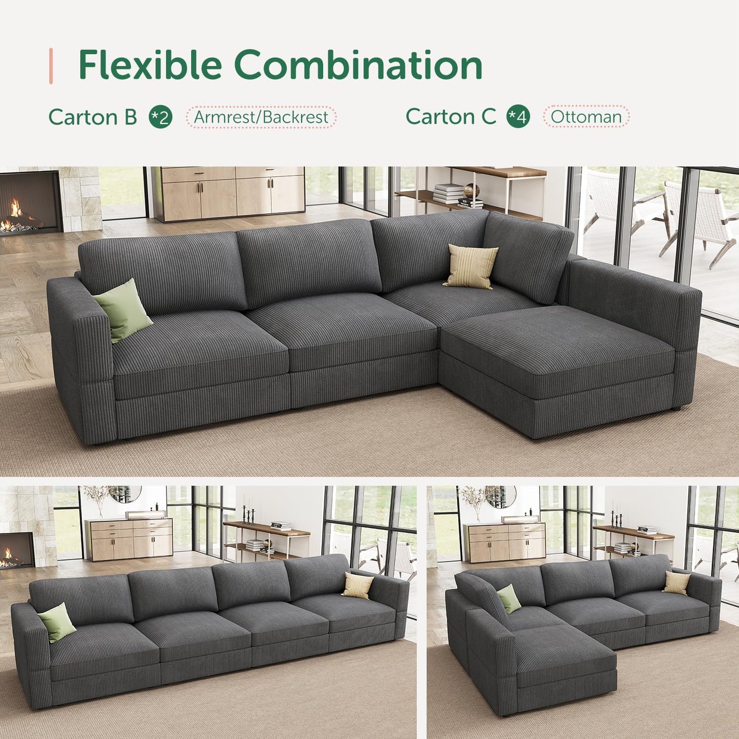 HONBAY Modular Sectional Couches with Storage Corduroy Sectional Sleeper Sofa Modular Sectional Couches for Living Room,Dark Grey