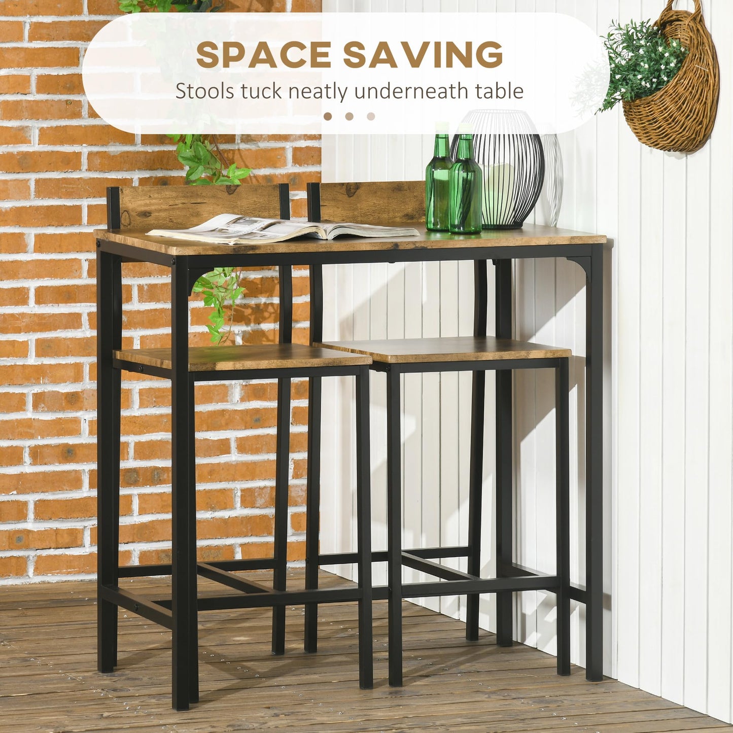 HOMCOM Rustic Brown 3-Piece Industrial Bar Table and Stool Set for Small Spaces