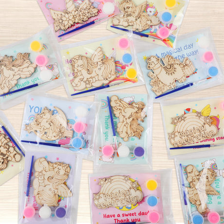 24 Set Unicorn Happy Birthday Party Favors Cards with Wood Painting Crafts Unicorn Coloring Party Supplies Unicorns Wooden Arts and Crafts Tables Centerpieces for Baby Shower Decorations Justforjoyful