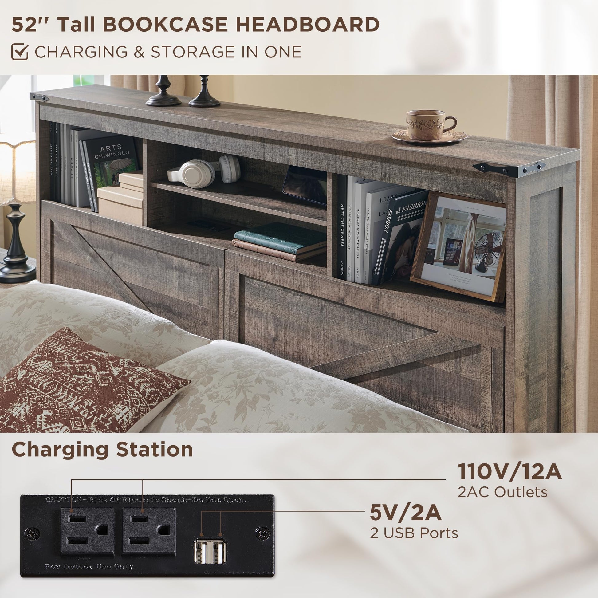 ACCOHOHO Luxury Farmhouse Wood Bed Frame with 52" Bookcase Headboard, LED Lighting & Charging Station - Light Brown - WoodArtSupply