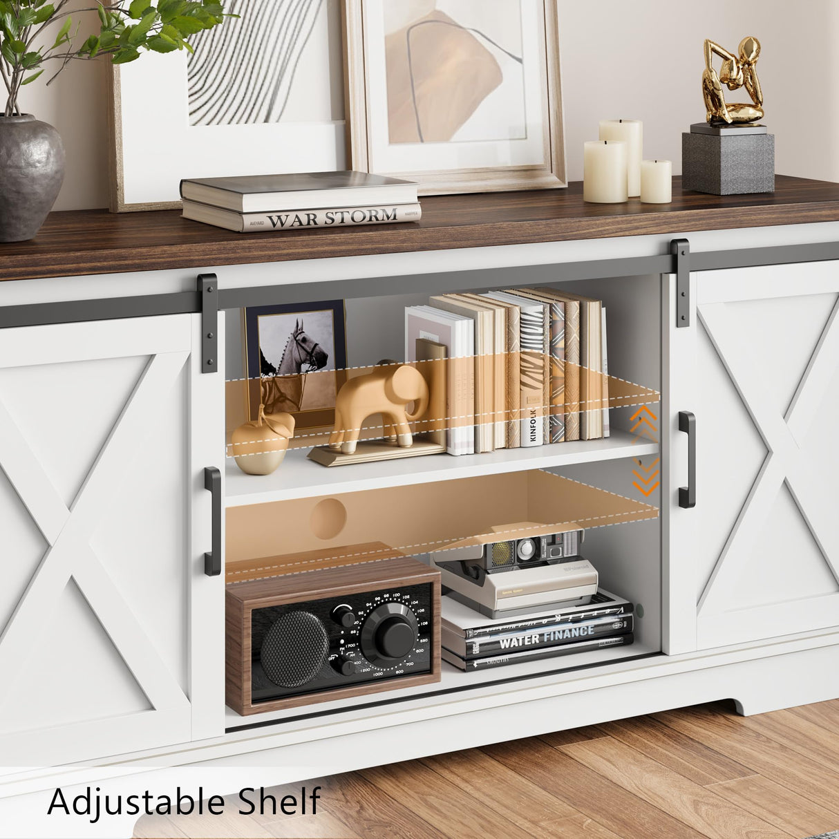 CABIHOME Farmhouse Tv Stand for 65 Inches TVs, Entertainment Center with Storage and Sliding Barn Doors, Adjustable Shelf Modern Media TV Console TV Stand Table for Living Room, Bedroom, White CABIHOME