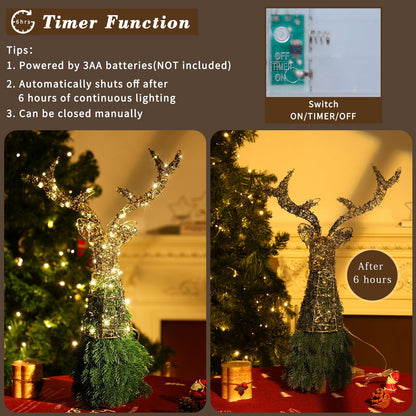 Shinowa Christmas Tree Topper, Deer Tree Topper Battery Operated Reindeer Xmas Tree Toppers Christmas Decorations with 6H Timer & 3.3 FT Extension Cord for Xmas Tree, Table, Cabinet, Black Gold