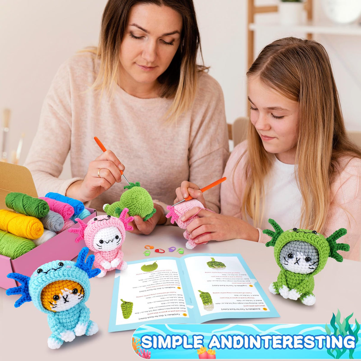 Crochet Kit for Beginners - 3 PCS Axolotl Cat Crochet Kits with Step-by-Step Video Tutorials, Beginner Crochet Kit for Adults, Crochet Cat Dressed as Axolotl Set (Blue & Green & Pink) Fortuning's JDS