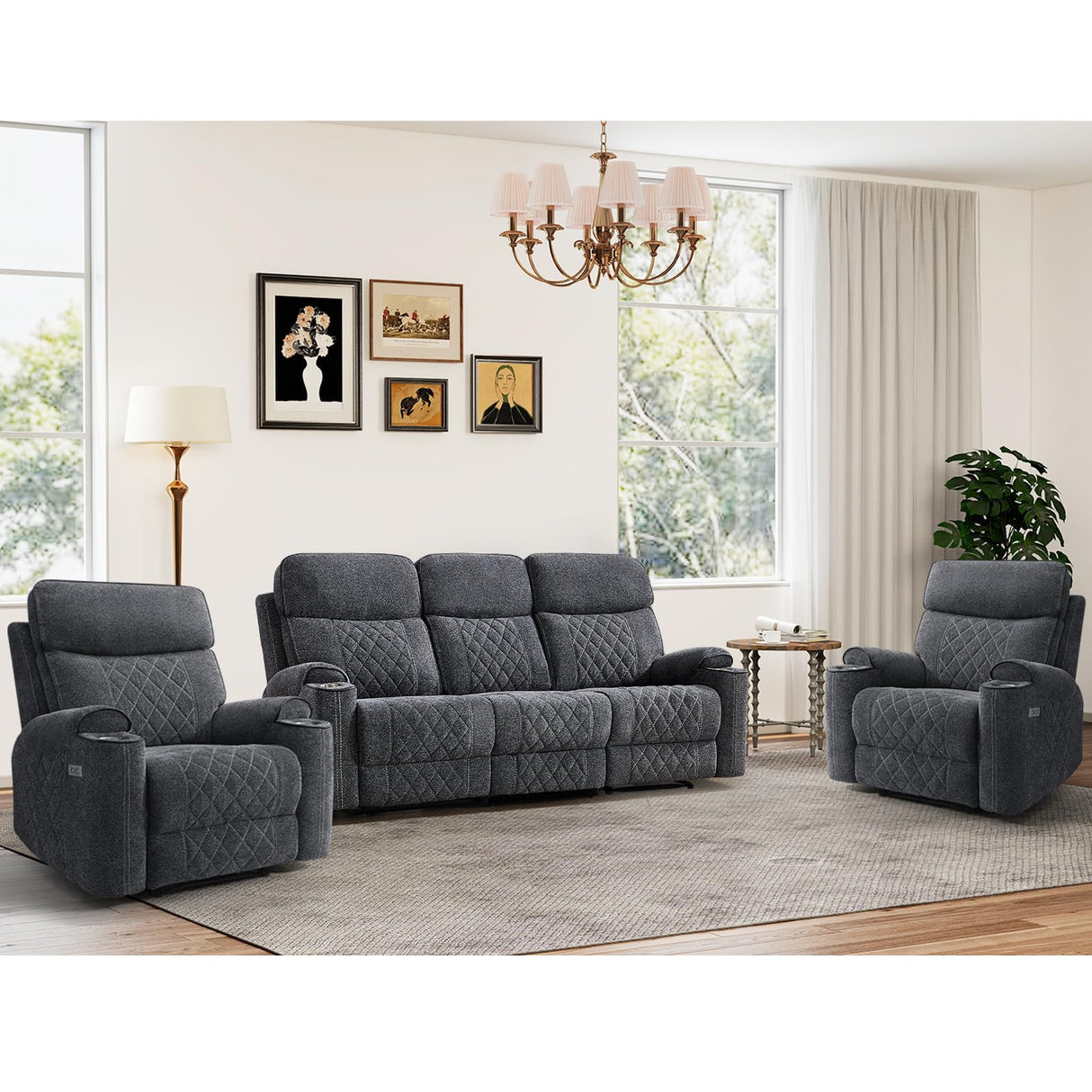 HAOMARKETS 3-Piece Power Recliner Sofa Set with Charging Port, Include 2 Single Power Chairs and a 3-Seater Reclining Couch with Cup Holders for Living Room, Dark Grey HAOMARKETS