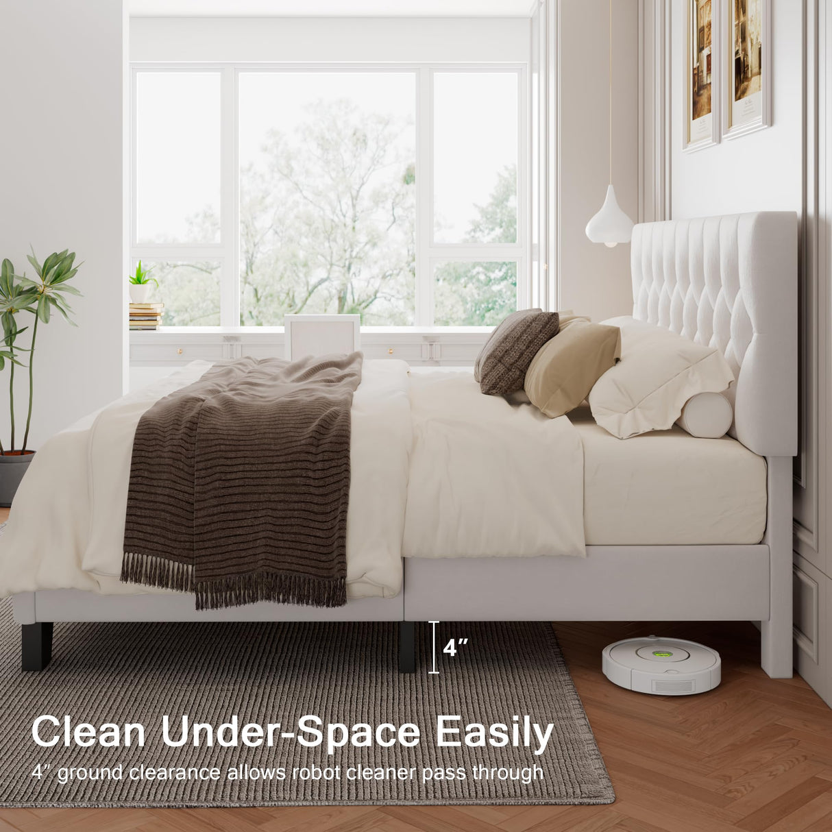 Einhomn Full Upholstered Bed Frame with Headboard, Button Tufted Linen Bed Base, Platform Bed with Wood Slat, Heavy Duty, Easy Assembly, No Box Spring Needed, White Einhomn