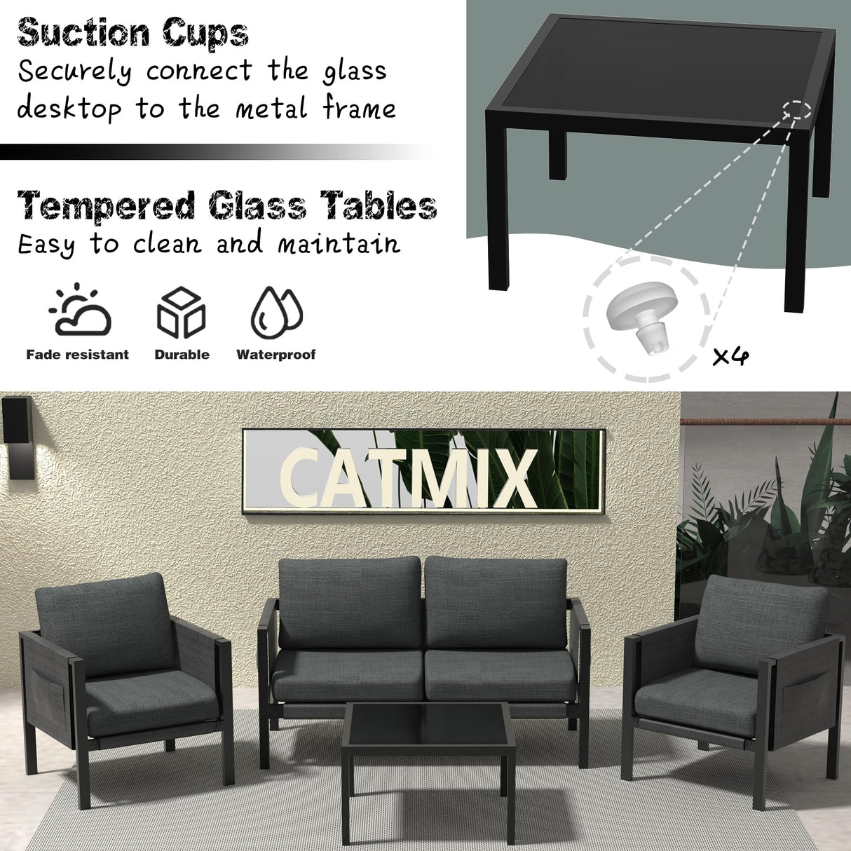 CATMIX Outdoor Patio Furniture, Aluminum Patio Furniture Conversation Set Metal Cushions Couch Outdoor Sectional Balcony Sofa Balcony Outside Chairs Porch CATMIX