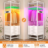 Cyclysio 75 '' Tall Garment Rack with 3 Fabric Drawers, 4-Tier Clothing Rack with Power Outlets & LED Lights, Closet System with Shoe Rack & Shelves for Small Spaces, White Cyclysio