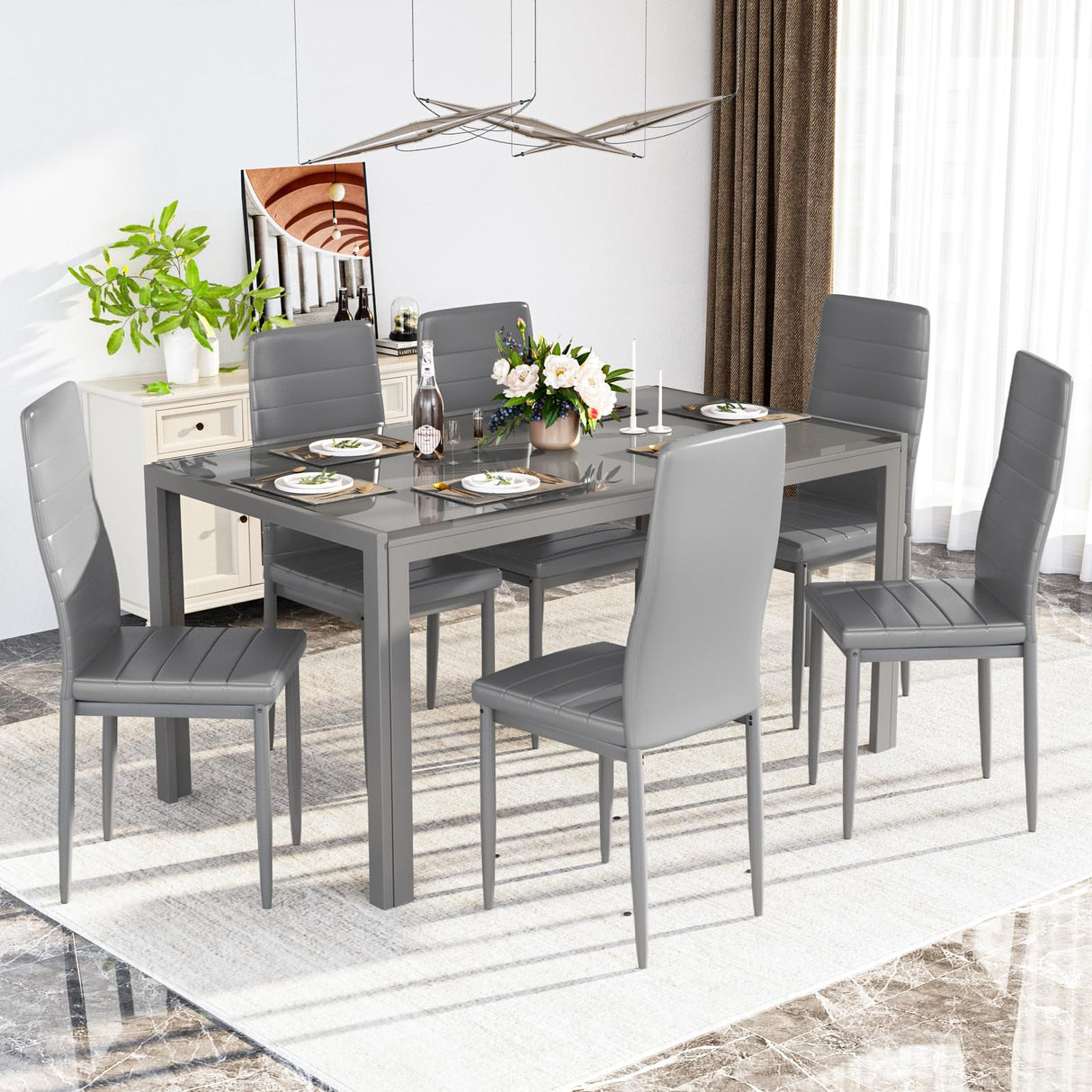 DKLGG 7-Piece Dining Table Set for 6, Tempered Glass Kitchen Table with PU Leather Chairs, Modern Dining Room Table Set for Small Space, Dinette, Apartment, Grey DKLGG