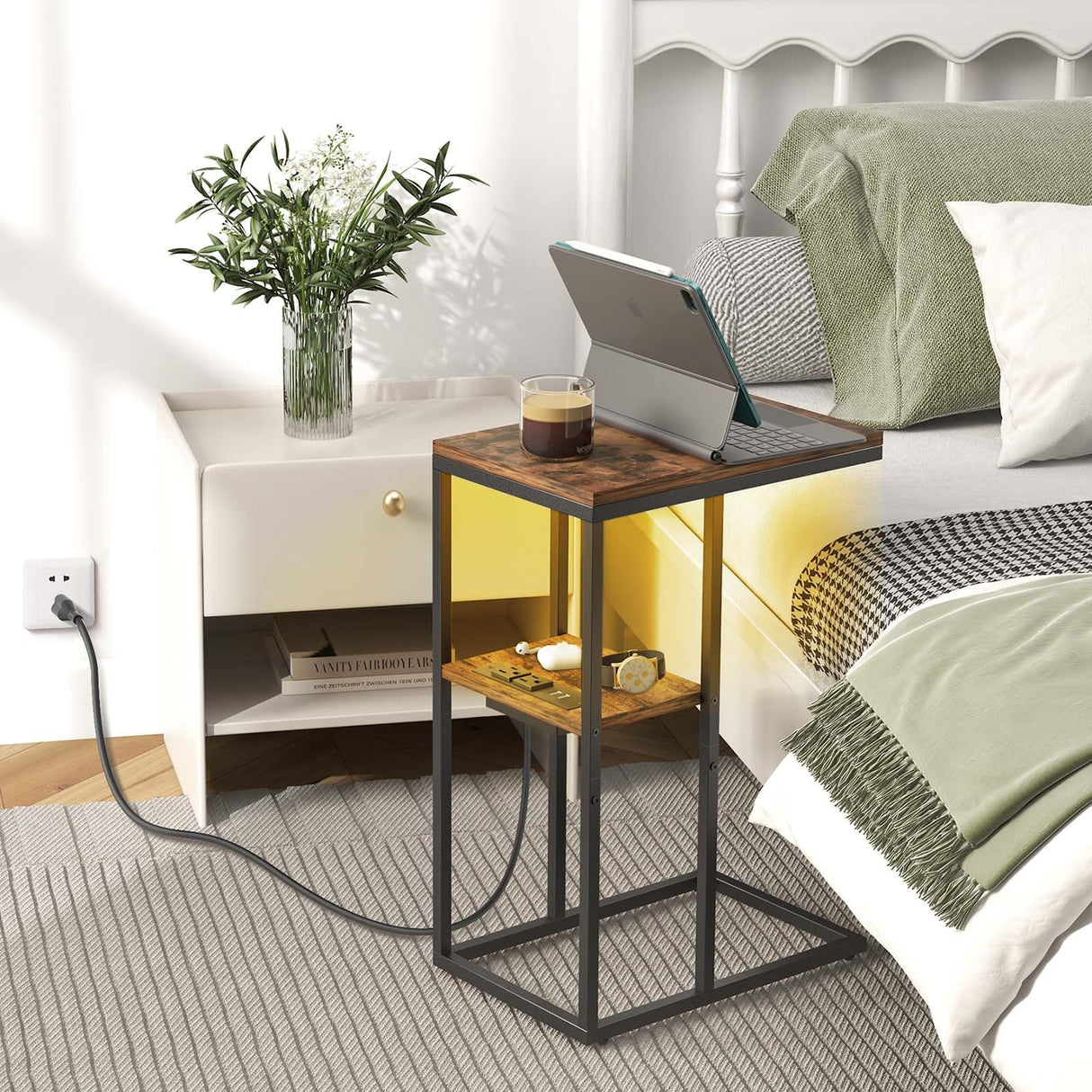 Yoobure LED C Shaped End Table with Charging Station, Small Side Tables for Living Room Bedroom, TV Tray Table with USB Ports and Outlets for Small Spaces, C Table for Couch Sofa, Bed Side Table Yoobure