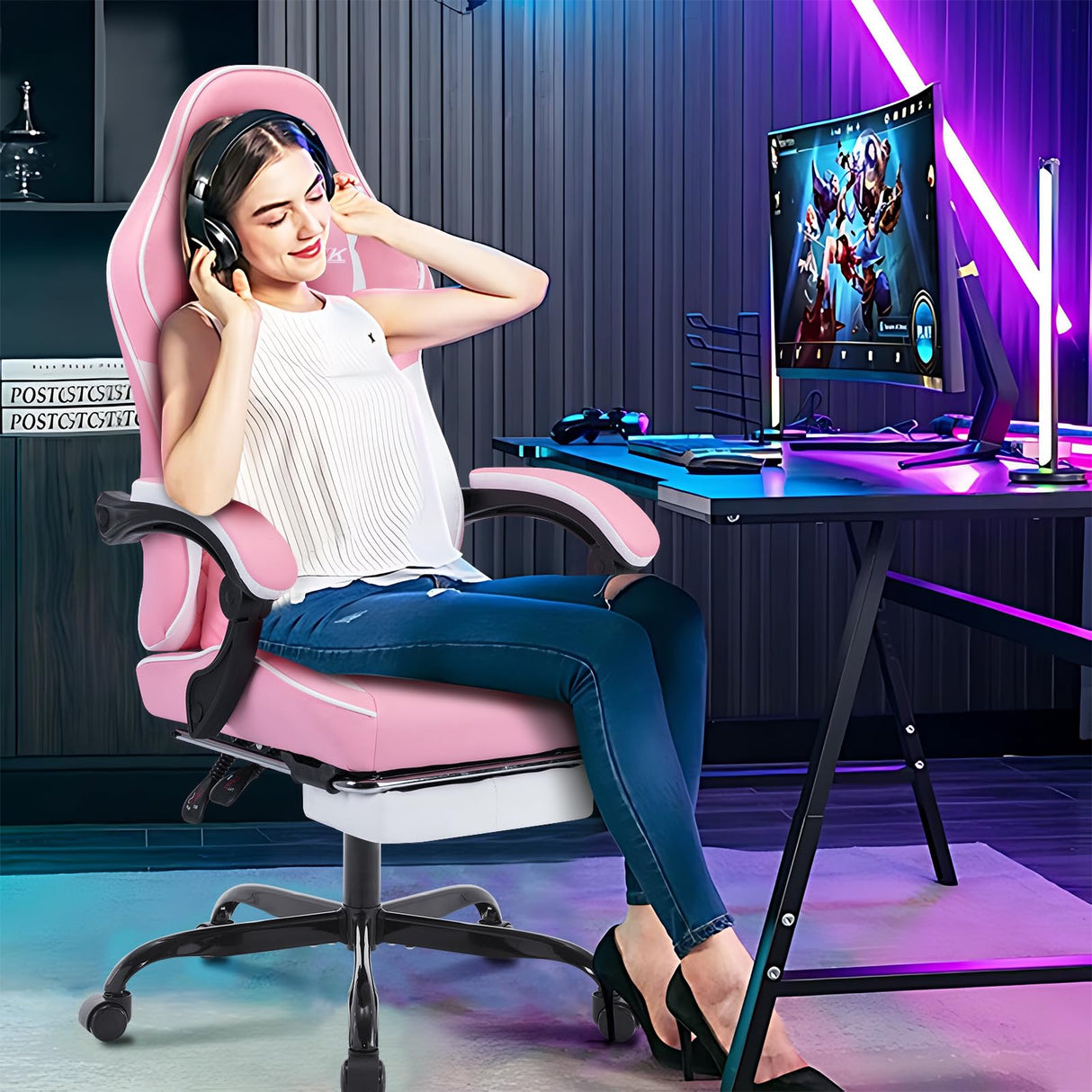 Ergonomic Video Gamer Chairs,Computer Gaming Chairs with Massage Lumbar Support and footrest,Racing Style Computer Chair Adjustable Headrest for Adults,PinkWhite NIONIK