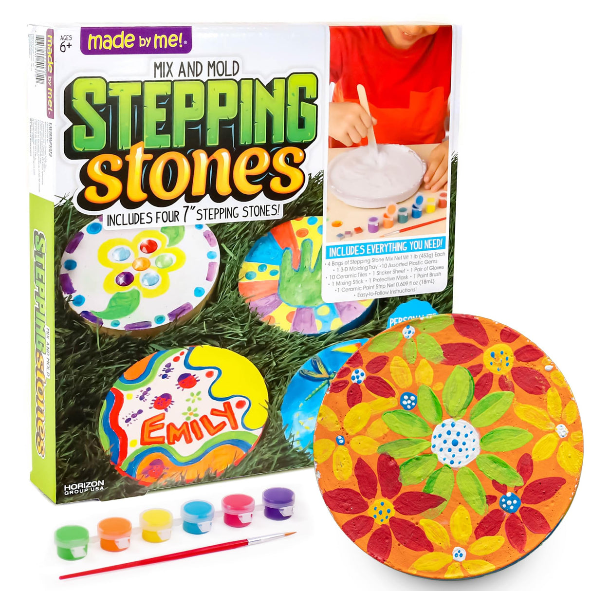 Made By Me Mix & Mold Your Own & Make 4 DIY Personalized Stepping Stones, Great Spring & Summer Weekend Activity, Perfect Keepsake, Birthday Party Idea for Kids Ages 5, 6, 7, 8, 9, Multicolor Made By Me
