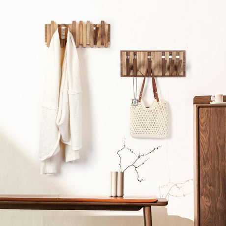 KYIAANY Wall Coat Rack for Entryway: Rustic Wooden Folding 8 Hooks Mount 16.5inch Decorative Piano Hanger for Farmhouse Hallway Bathroom for Towel Backpack Jacket (Staggered Style) KYIAANY