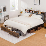 COMHOMA Platform Bed Frame with LED Lights and Charging Station, Storage Headboard and Footboard Drawers, No Box Spring Needed, Rustic Wood Look (King (U.S. Standard)) COMHOMA