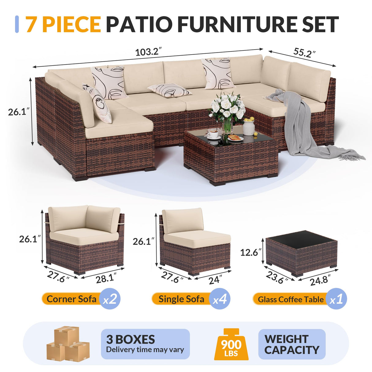 Patio Furniture Set, 7 Pieces Outdoor Modular Conversation Set Wicker Sectional Sofa for All Weather Rattan Patio Couch for Porch Garden Backyard Balcony Poolside (Khaki) Poteban