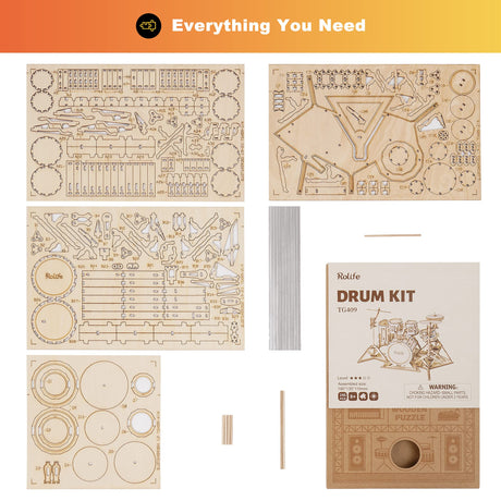 Rolife 3D Wooden Puzzles for Adults Drum kit Musical Instrument Model(TG409) Rolife