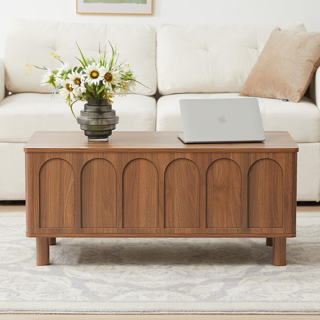 Lift Top Coffee Table with Arched Finish, Modern Coffee Table with Lifting Tabletop & Hidden Storage, Wood Center Table for Living Room,Convenient for Dining, Gaming or Working (Walnut) YUCHIATH