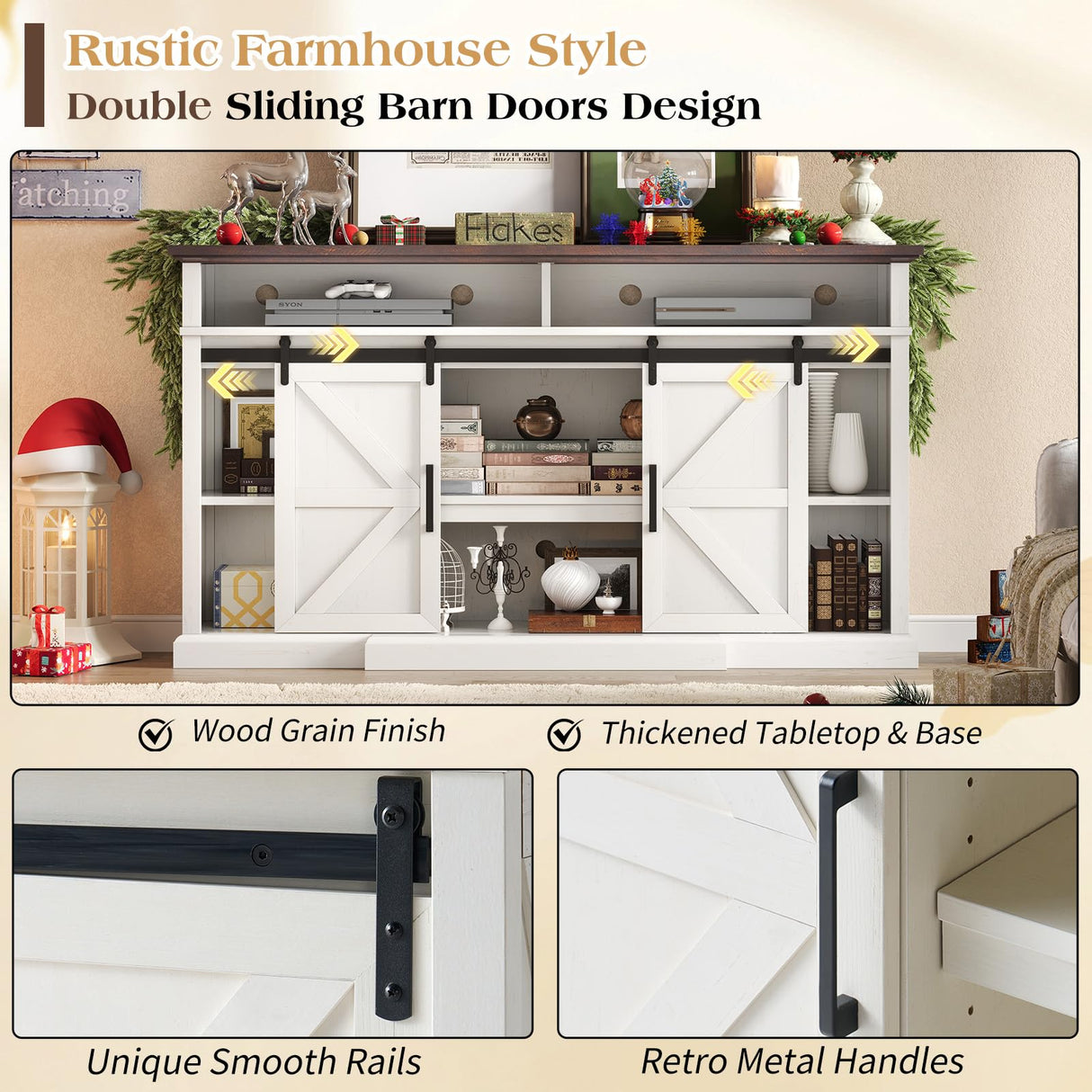 LUXOAK 66" Farmhouse TV Stand for 75 Inch TVs, 40" Tall Entertainment Centere with Sliding Barn Doors, Rustic Media Console Table Storage Cabinet with Adjustable Shelves, Living Room, Antique White LUXOAK