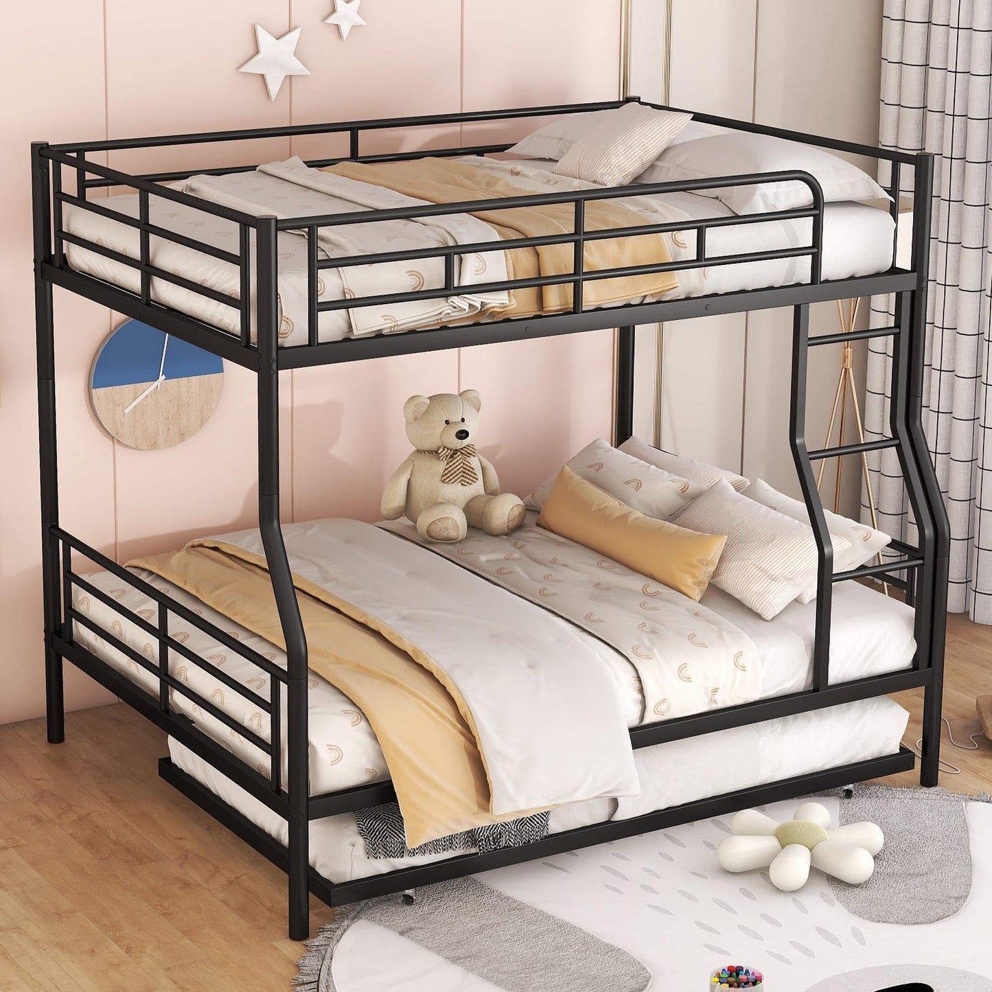 DNYN XL Over Queen Metal Bunk Bed with Trundle and Wood Slat Support in Black - Space-Saving Design for Kids and Guests - WoodArtSupply