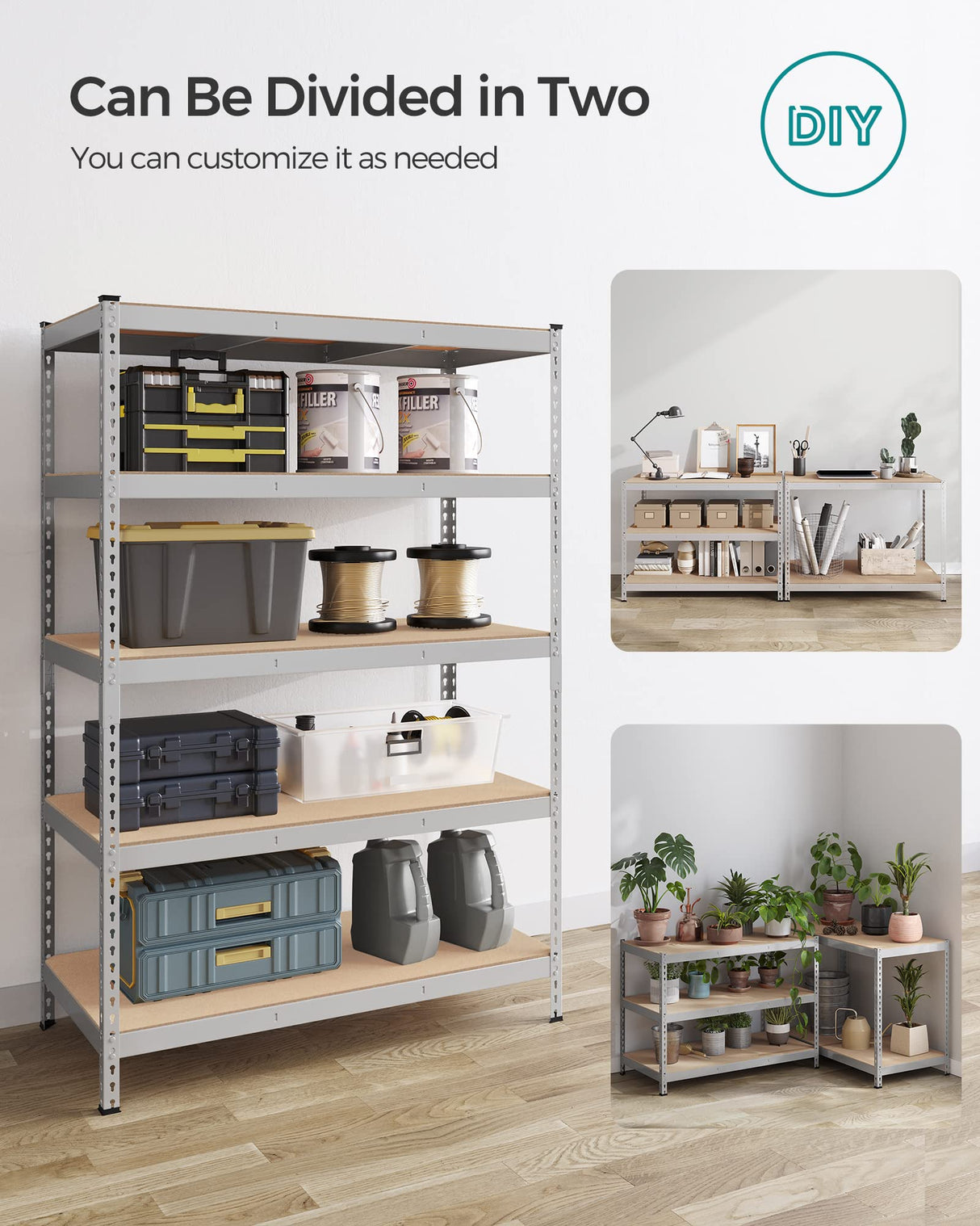 SONGMICS 5-Tier Storage Shelves, Set of 2 Garage Storage, Boltless Assembly, Adjustable Shelving Units, 23.6 x 47.2 x 70.9 Inches, Load 1929 lb Each, Shed Warehouse Basement, Silver UGLR600E02 SONGMICS