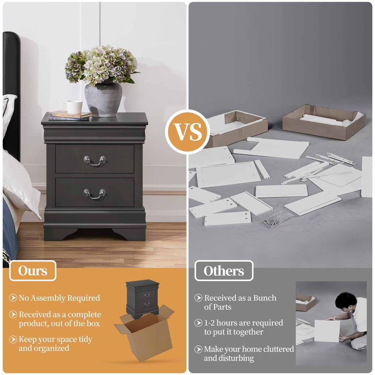 Yaheetech Fully-Assembled Nightstands Set of 2, 2-Drawer Nightstands Large Classic Bedside Tables with Storage, Wooden Painted Storage Cabinet for Bedroom, 21.5″L×16″W×24.5″H, Rustic Gray Yaheetech