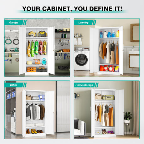 Metal Wardrobe Cabinet with Hanging Rod & Lock,White Armoire Wardrobe Closet,Metal Clothing Storage Cabinet with Adjustable Shelves and Doors,72" Armoire Storage Cabinets for Home,Living/Laundry Room SISESOL