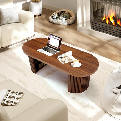Oval Fluted Coffee Table, 47" Farmhouse Wood Coffee Table Mid Century Modern Center Table Boho Living Room Tables for Living Room Office,Walnut RUSTYER