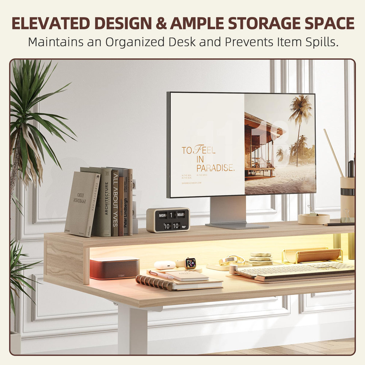 TIQLAB 63'' L-Shaped Standing Desk with LED Light Strip and Power Outlet, Height Adjustable Corner Table with Ergonomic Monitor Stand, Light Walnut TIQLAB