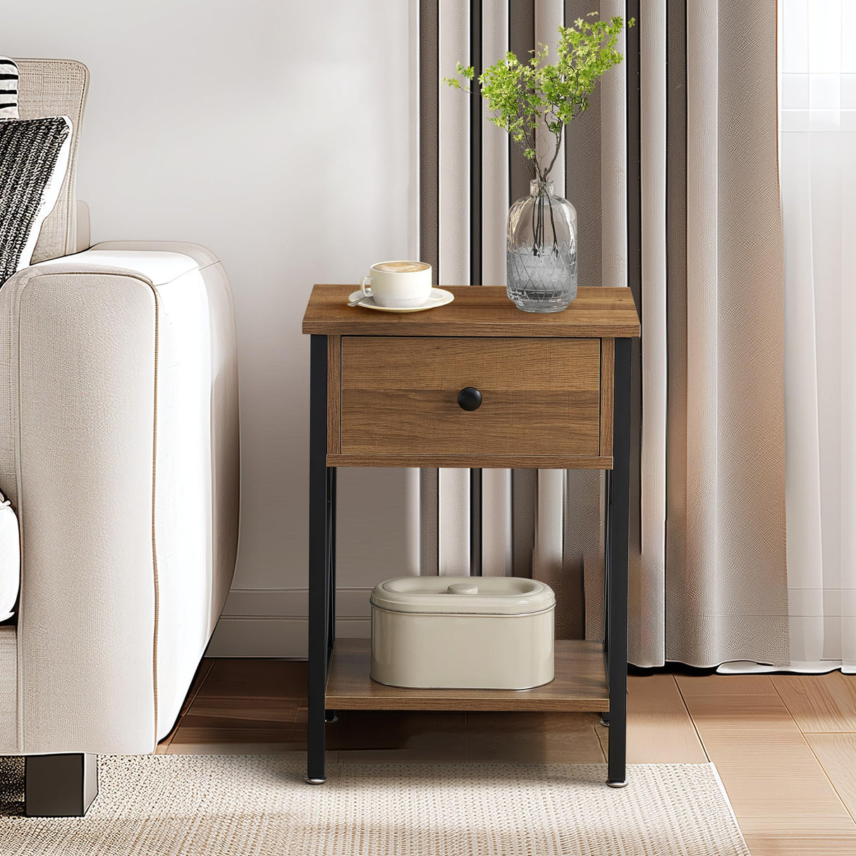 VECELO Nightstands Set of 2, Modern Bedside End Tables, Night Stands with Drawer and Storage Shelf for Living Room Bedroom, Industrial Metal Frame, Walnut Brown VECELO