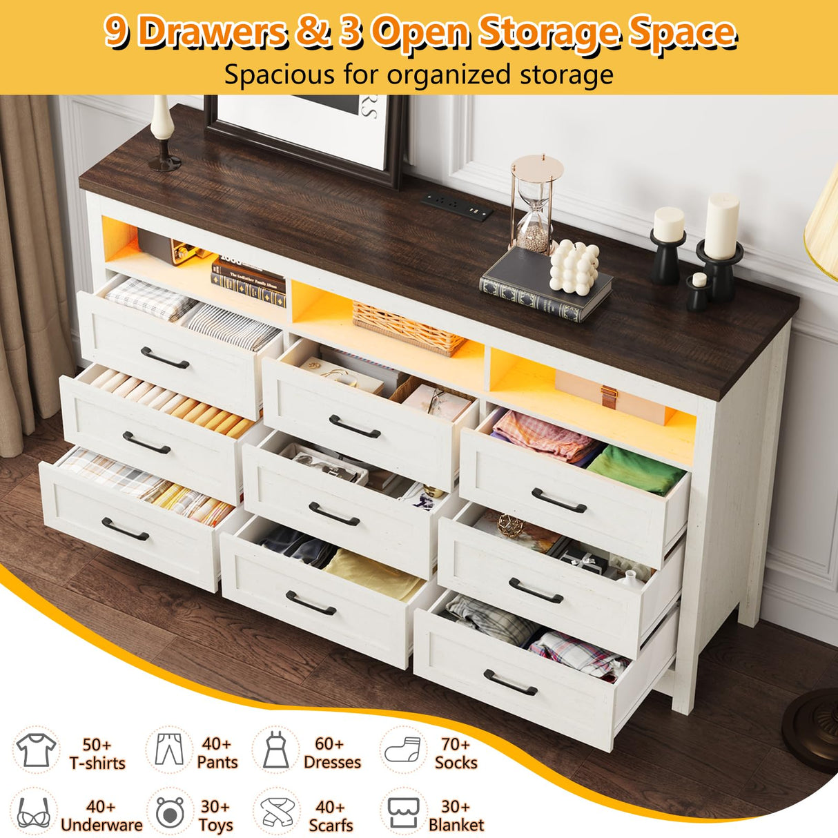 Hlivelood Farmhouse 9 Drawer Dresser with LED Lights, 63" Wide Large Chest of Drawers for Bedroom, Modern Wood Dresser Storage Organizer with Charging Station for Living Room, Bedroom, Rustic White Hlivelood