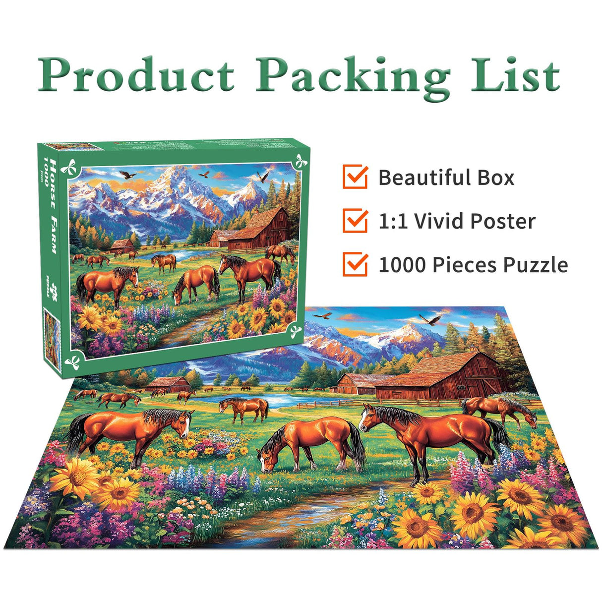 Horse Farm Jigsaw Puzzles 1000 Pieces for Adults Sunflowers Meadow 1000 Piece Jigsaw Puzzles for Adults DKijoys