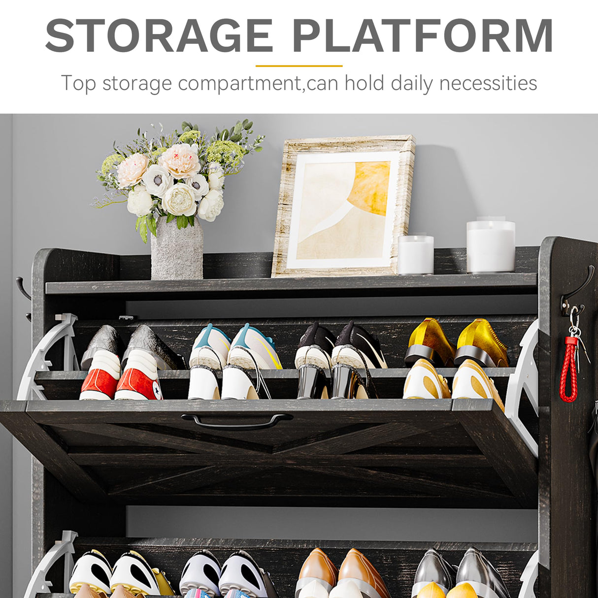 DWVO Shoe Cabinet with 3 Flip Drawers, Farmhouse Shoe Storage Organizer with Metal Legs for 24 Pairs of Shoes, Narrow Slim Shoe Rack Cabinet for Entryway, Living Room, Hallway (Dark Rustic Oak) DWVO