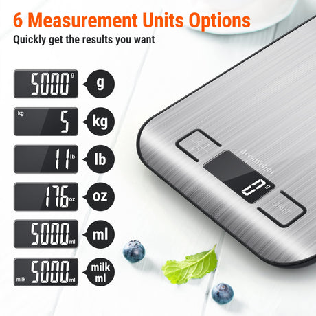 AccuWeight 211 Digital Kitchen Food Scale for Cooking Baking Coffee Scale 5000g by 1g with Tare and LCD Display Food Weight Scale, 8.11×6.42×1.18" Silvery AccuWeight