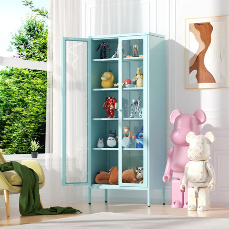 Crownland Metal Storage Cabinet with Glass Doors, Display Curio Glass Cabinet with 4 Adjustable Shelves, Tall Modern Office Storage Cabinets for Home Office, Living Room, Pantry(Light Blue) Crownland
