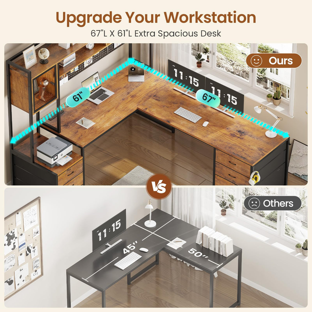 SEDETA L Shaped Gaming Desk with 6 Drawers, Reversible Computer Office Desk with File Drawer, Hutch, Storage Shelves, Gaming Corner Desk with Led Lights, Power Outlet for Two Person, Rustic Brown SEDETA