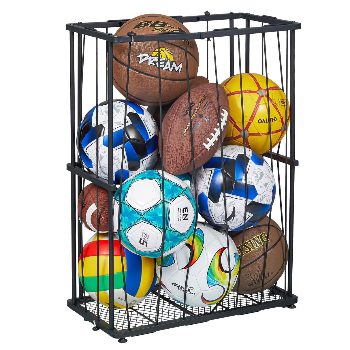 Garage Ball Storage Wall-Mounted & Floor Sports Equipment Organizer: Sports Ball Rack with Elastic Rope, Holder for Basketball, Soccer, Volleyball, Football, Garage, Gym, Black(Patent Pending) Hencawima
