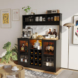 Wine Bar Cabinet with Led Light, Coffee Bar Cabinet with Power Outlet,Kitchen Buffet Sideboard with Storage, 6 Hooks,9 Wink Racks and Adjustable Shelf, for Home and Kitchen Dining Living Room Mochalight