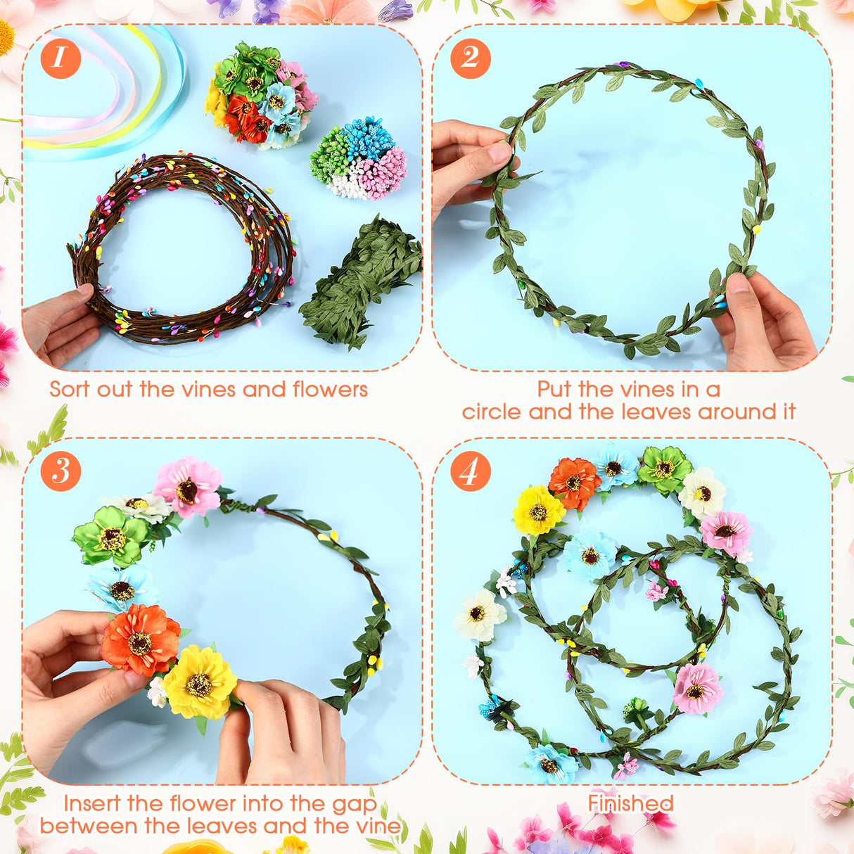 Zeyune 20 Sets Flower Crowns Making Kit, Make Your Own Flower Crown Wreath Garland Headbands Craft Kit Handmade DIY Fairy Floral Hair Accessories Gift for Girls/Teens/Women(Poppy) Zeyune