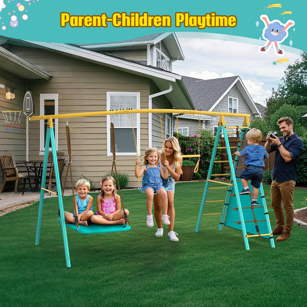 Jocoevol Swing Set for Backyard, Heavy-Duty Metal Swing Sets for Kids with 2 Swings, Climbing Ladder and Nets,Trapeze Bar, Soccer Goals and Basketball Hoop Up to 660lbs Jocoevol