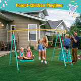 Jocoevol Swing Set for Backyard, Heavy-Duty Metal Swing Sets for Kids with 2 Swings, Climbing Ladder and Nets,Trapeze Bar, Soccer Goals and Basketball Hoop Up to 660lbs Jocoevol