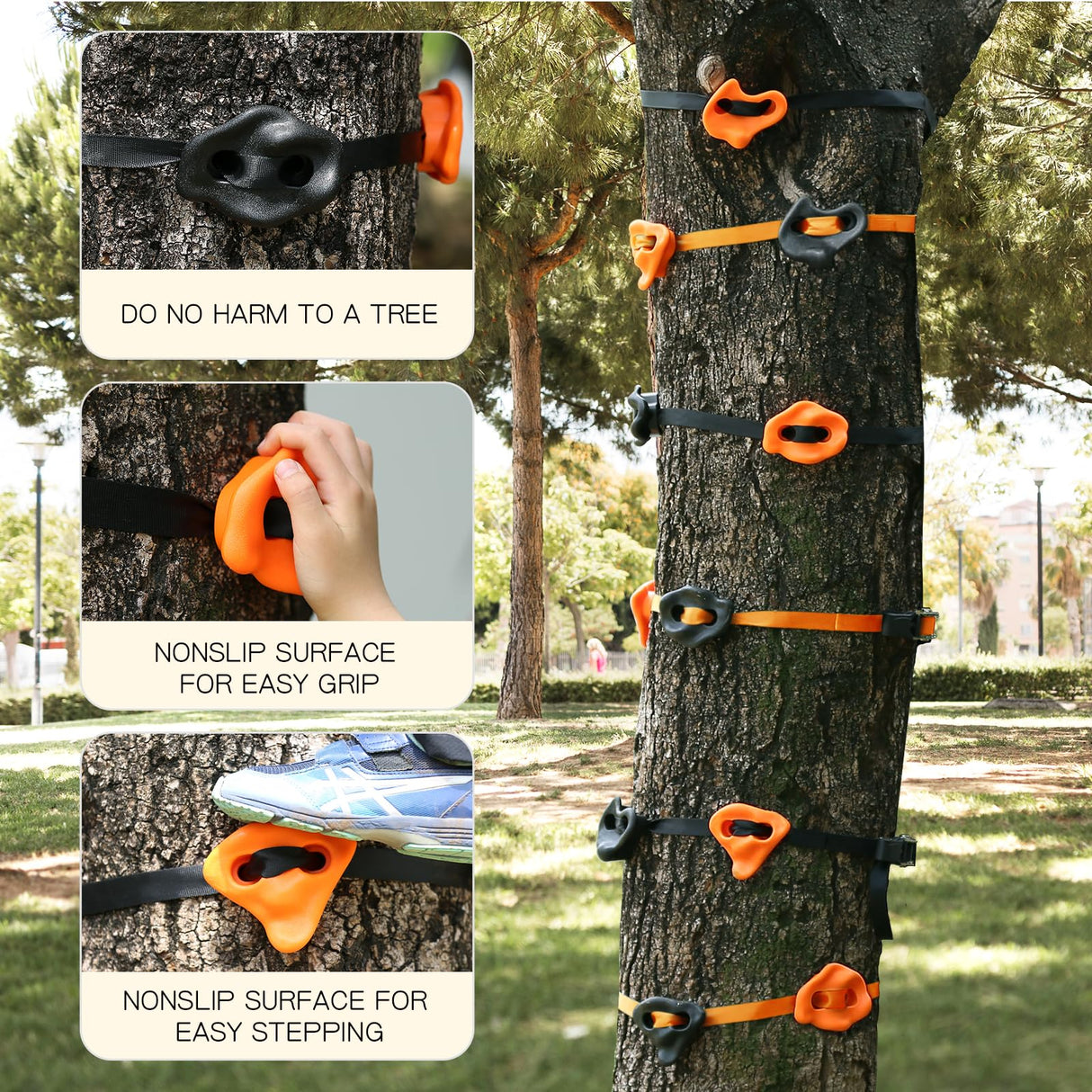 TOPNEW 12 Ninja Tree Climbing Holds for Kids Climber, Orange & Black Tree Climbing Kit with 6 Ratchet Straps for Outdoor Ninja Warrior Obstacle Course Training TOPNEW