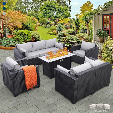 Rattaner 5 Pcs Outdoor Furniture Sets Patio Furniture Set with 45" Fire Pit Patio Couch Outdoor Chairs 60000 BTU Steel Propane Fire Pit Table No-Slip Cushions and Waterproof Covers, Light Grey Rattaner