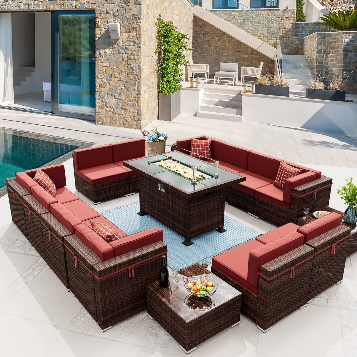 Amopatio Outdoor Patio Furniture Set with Gas Fire Pit Table, 15 Pieces Patio PE Wicker Pit Sectional Sofa, 44" Glass Gas Fire Patio Sectional Furniture with Burgundy Cushions, Coffee Tables, Covers Amopatio