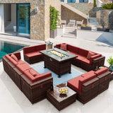 Amopatio Outdoor Patio Furniture Set with Gas Fire Pit Table, 15 Pieces Patio PE Wicker Pit Sectional Sofa, 44" Glass Gas Fire Patio Sectional Furniture with Burgundy Cushions, Coffee Tables, Covers Amopatio