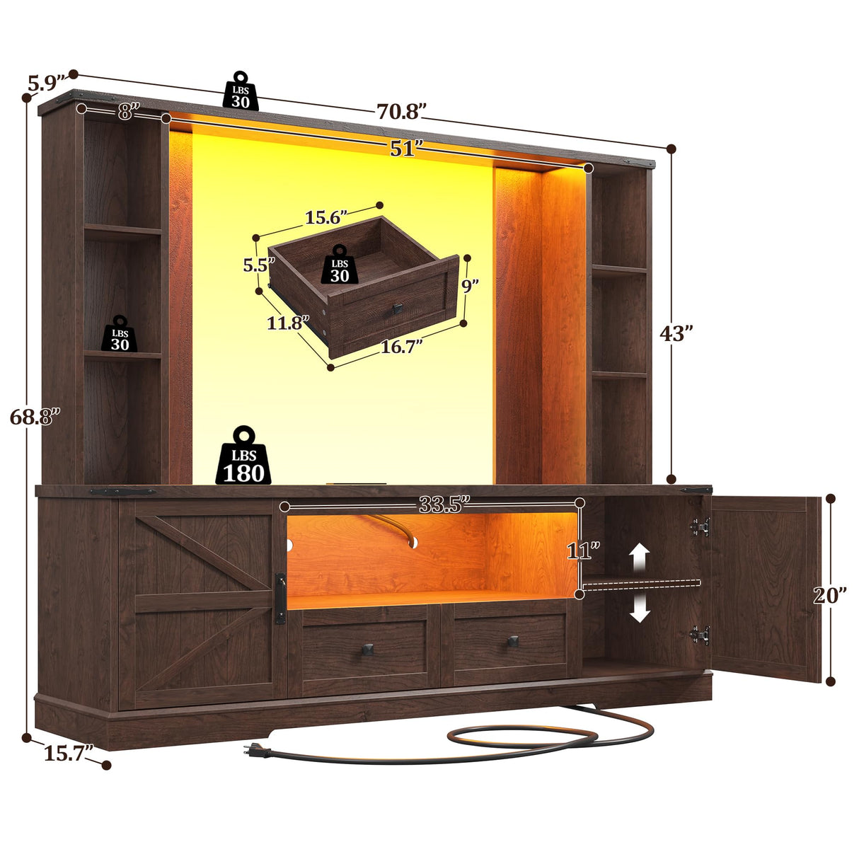 Entertainment Center with 2 LED Lights & Power Outlets, Large Farmhouse Wall Unit Entertainment Center for 60 Inch Television Stand, TV Stands for Living Room with Storage Shelf, Brown EnHomee